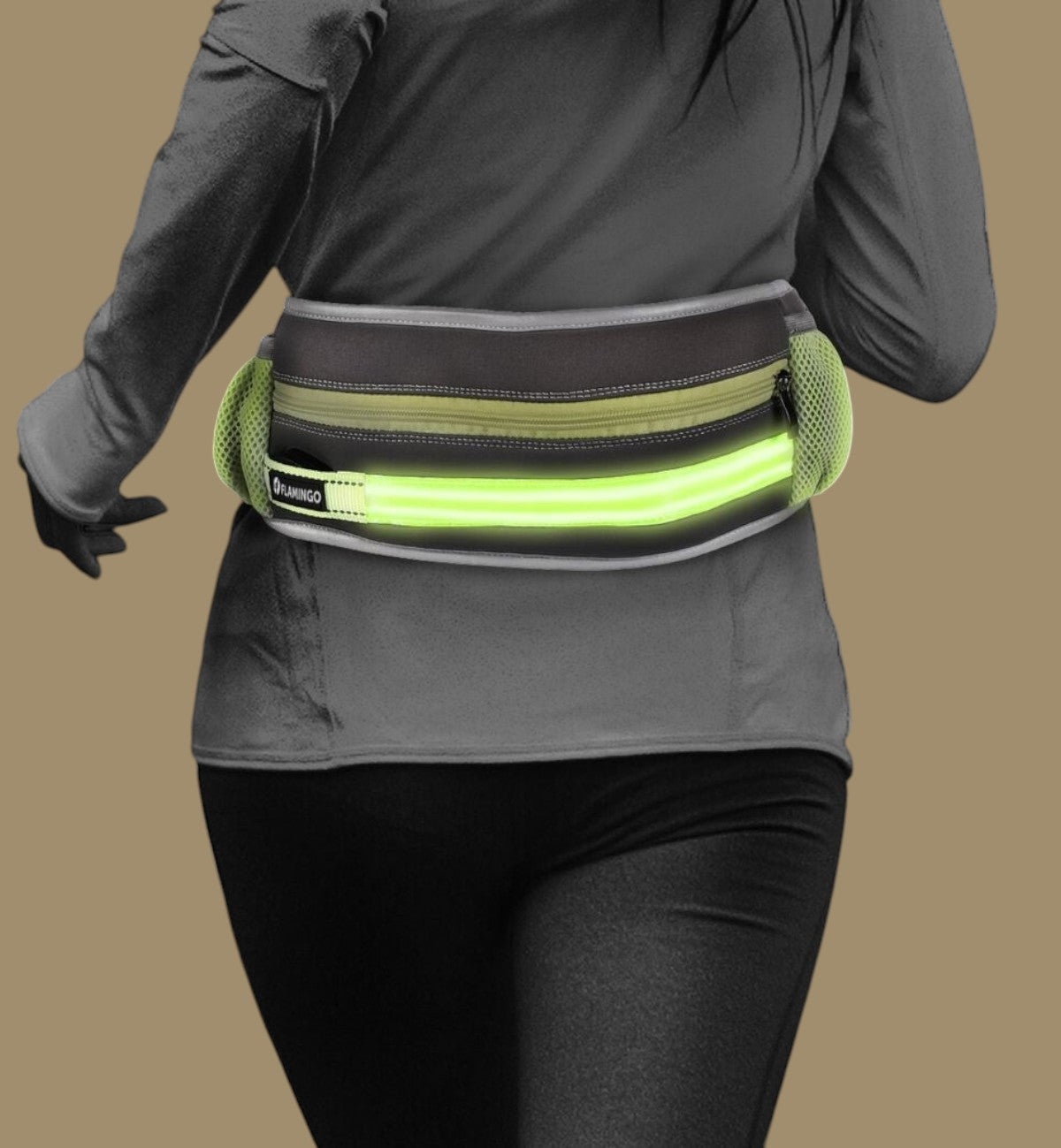 Ceinture de jogging Animozen mains libres avec LED jaune fluo, poches et bandes réfléchissantes pour chien.