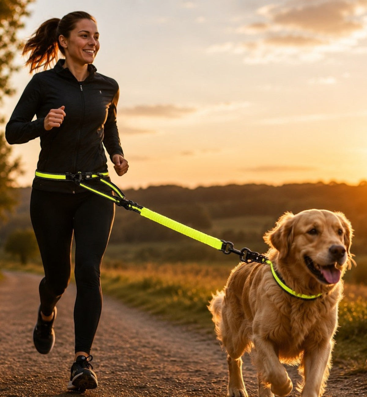 Animozen laisse de jogging mains libres noire et jaune avec bande LED intégrée et éléments réfléchissants, pour course avec chien.