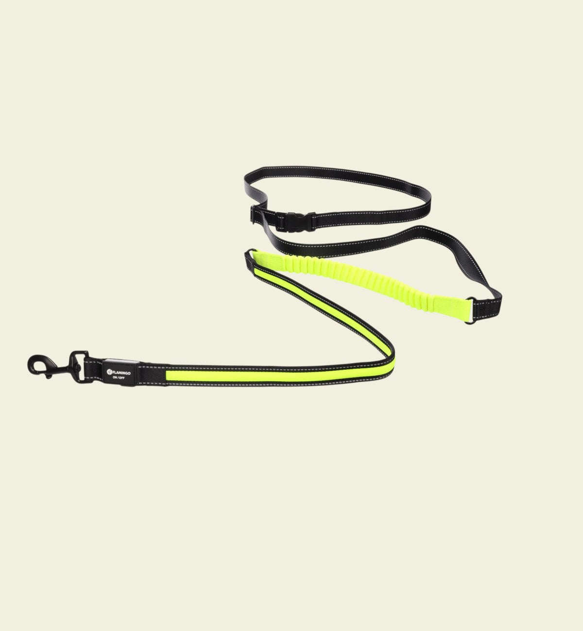 Laisse de jogging Animozen mains libres noire et jaune fluo avec bande LED intégrée et section élastique anti-chocs.