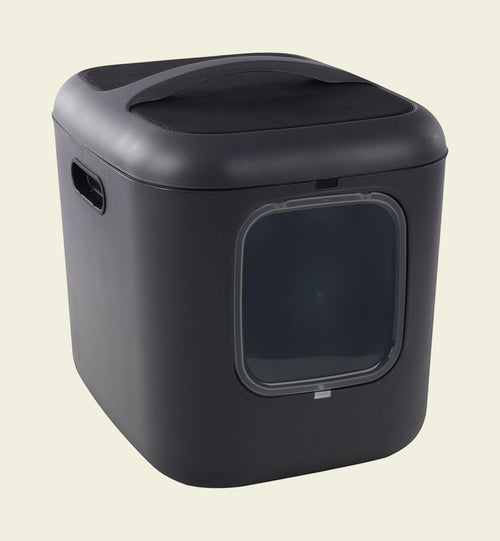 Maison de toilette pour chat Animozen Romy noire en plastique recyclé, avec porte battante magnétique et filtre anti-odeurs.