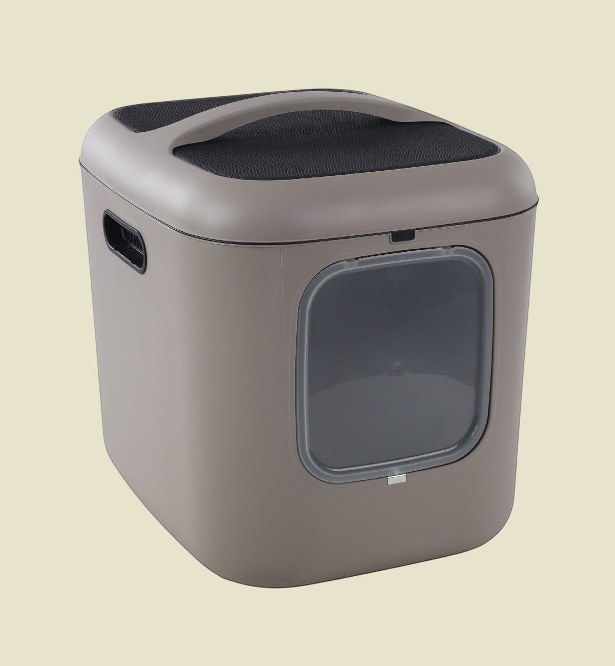 Maison de toilette pour chat Animozen Romy taupe en plastique recyclé, avec porte battante magnétique et filtre anti-odeurs.