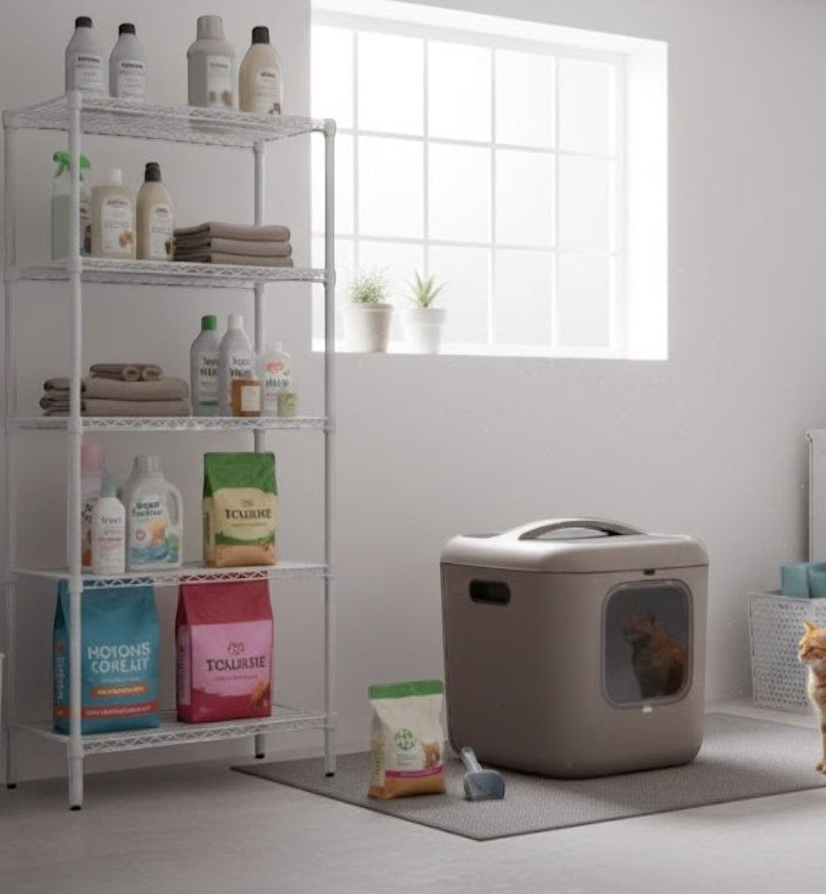 Maison de toilette Romy taupe en plastique recyclé pour grands chats, avec porte magnétique et filtre anti-odeurs.