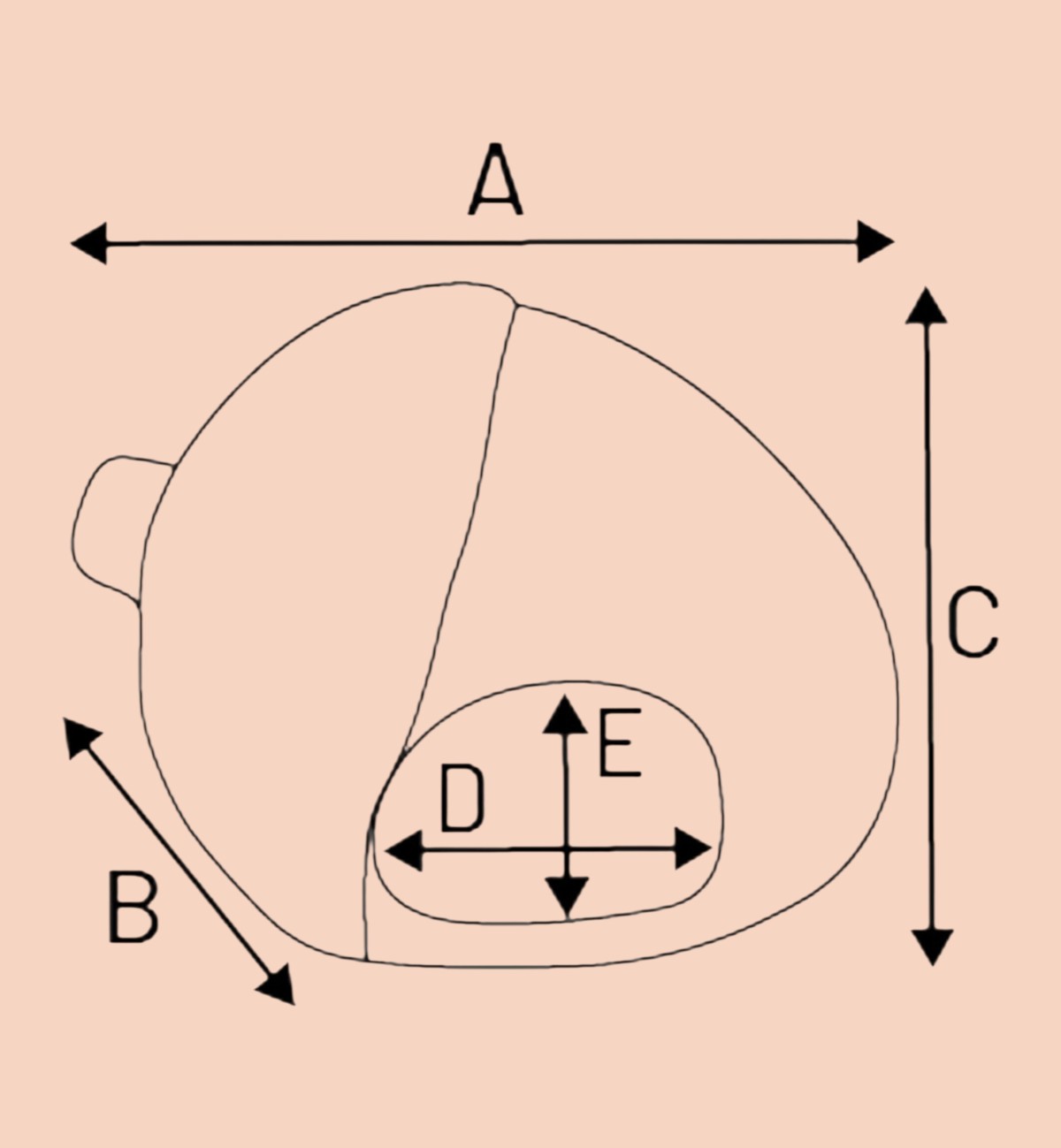 Maisonnette en céramique Animozen forme gland taupe pour rongeurs, avec dimensions A, B, C, D, E indiquées.