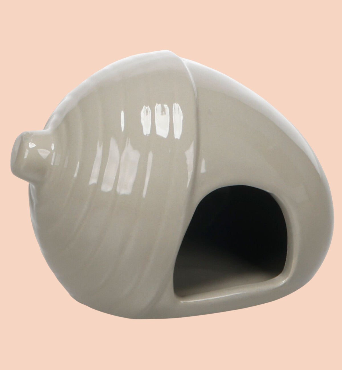 Maisonnette en céramique taupe Animozen en forme de gland pour rongeurs, avec une ouverture frontale.