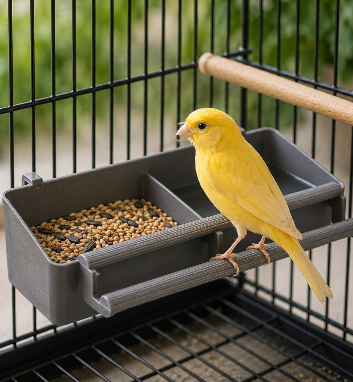 Mangeoire double grise en plastique pour oiseaux avec perchoirs, idéale pour graines et eau. Marque Animozen.