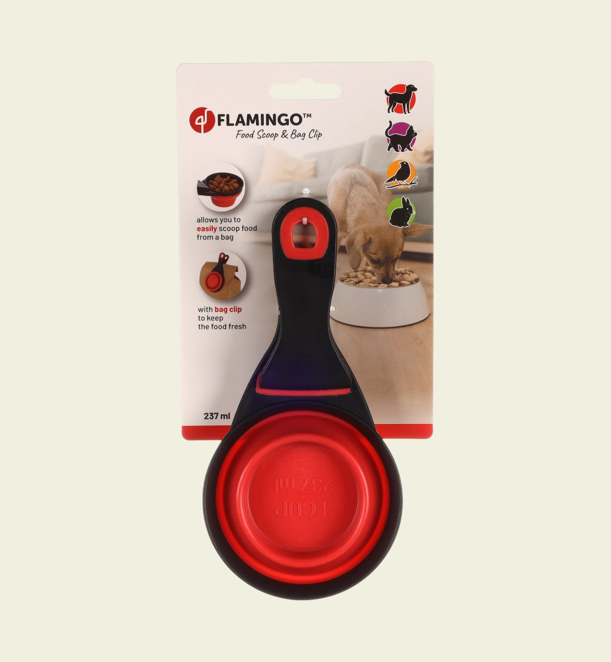 Animozen Mangeoire Suri rouge et noire en plastique et TPR, pliable, avec clip pour sac de nourriture et poignée.