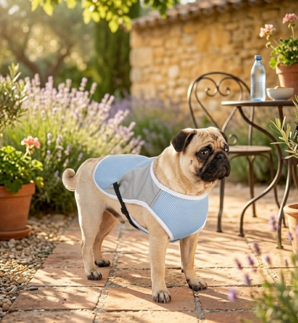 Animozen manteau rafraîchissant bleu et gris pour chien en polyester et coton, avec boucle à clic réglable.