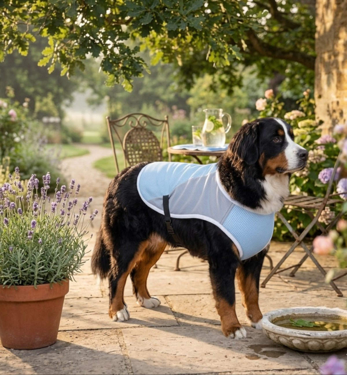 Animozen Manteau rafraîchissant bleu et gris pour chien en polyester et coton, avec boucle à clic réglable.