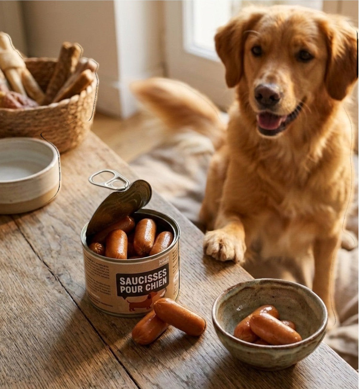 Animozen mini saucisses cocktail au poulet pour chien, tendres et faciles à mâcher, idéales comme récompense.