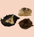Animozen natural sheep nose dog chews with fur, in black, tan, and brown.