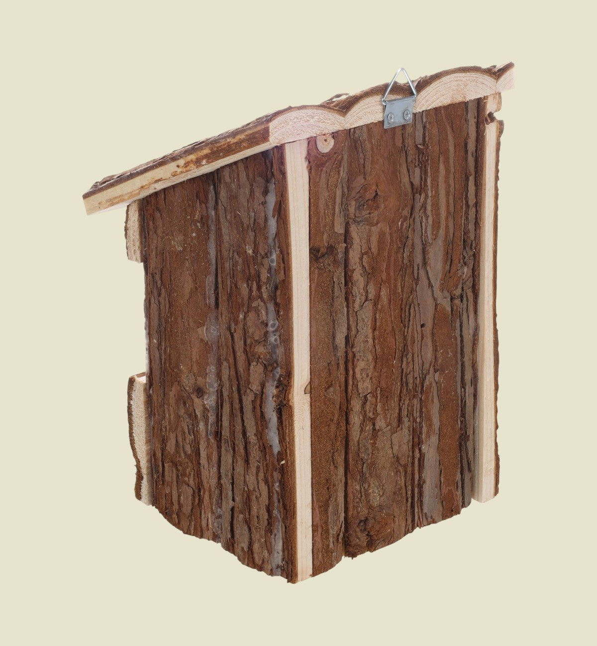 Animozen Nichoir Inclino en bois de pin naturel, brun, avec crochet de suspension et ouvertures frontale et latérale.
