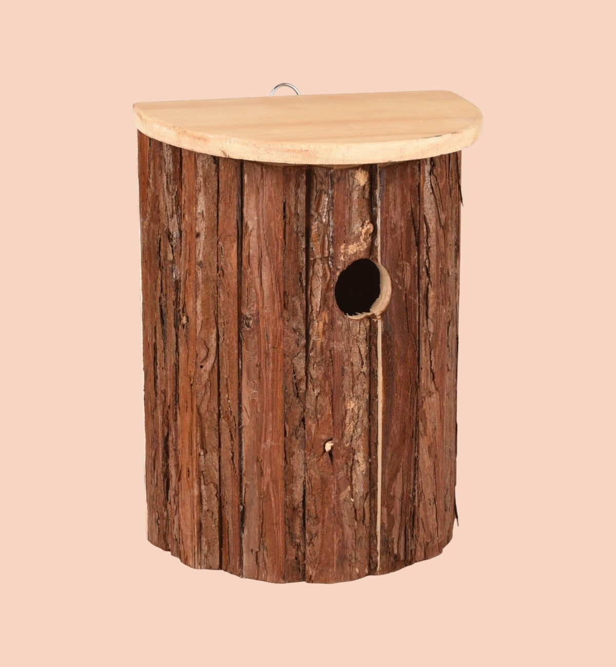 Nichoir Gerson en bois naturel verni Animozen avec toit ouvrant et crochet pour oiseaux.
