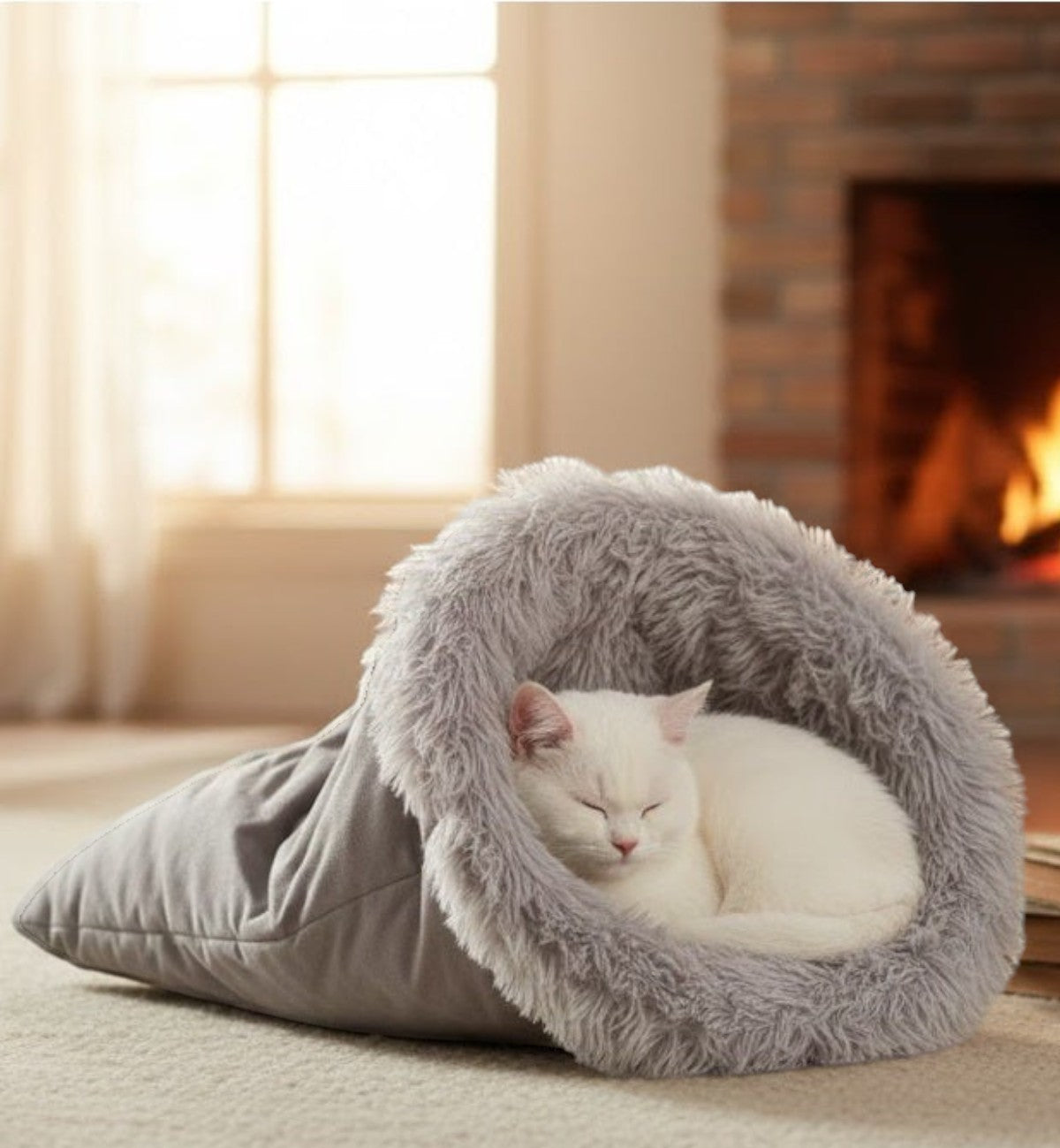 Animozen panier de couchage pour chat en peluche grise douce, 60 cm, avec coussin amovible et lavable.
