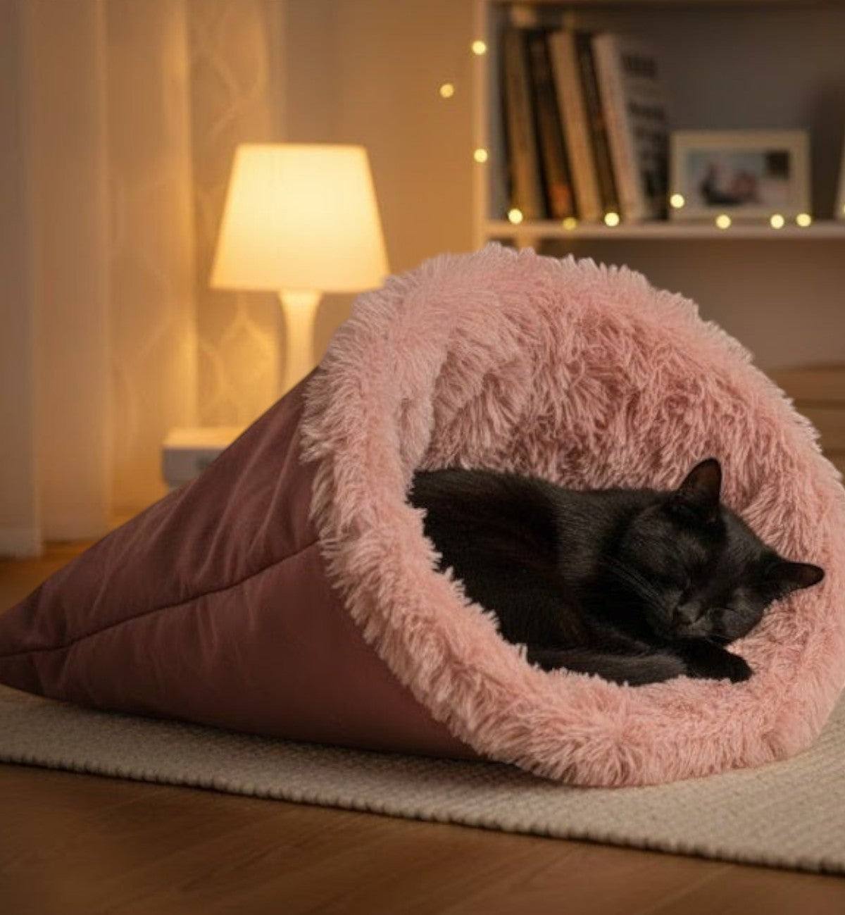 Panier couchage pour chat Animozen en peluche rose doux, forme cornet, 60 cm, avec un chat noir endormi à l'intérieur.
