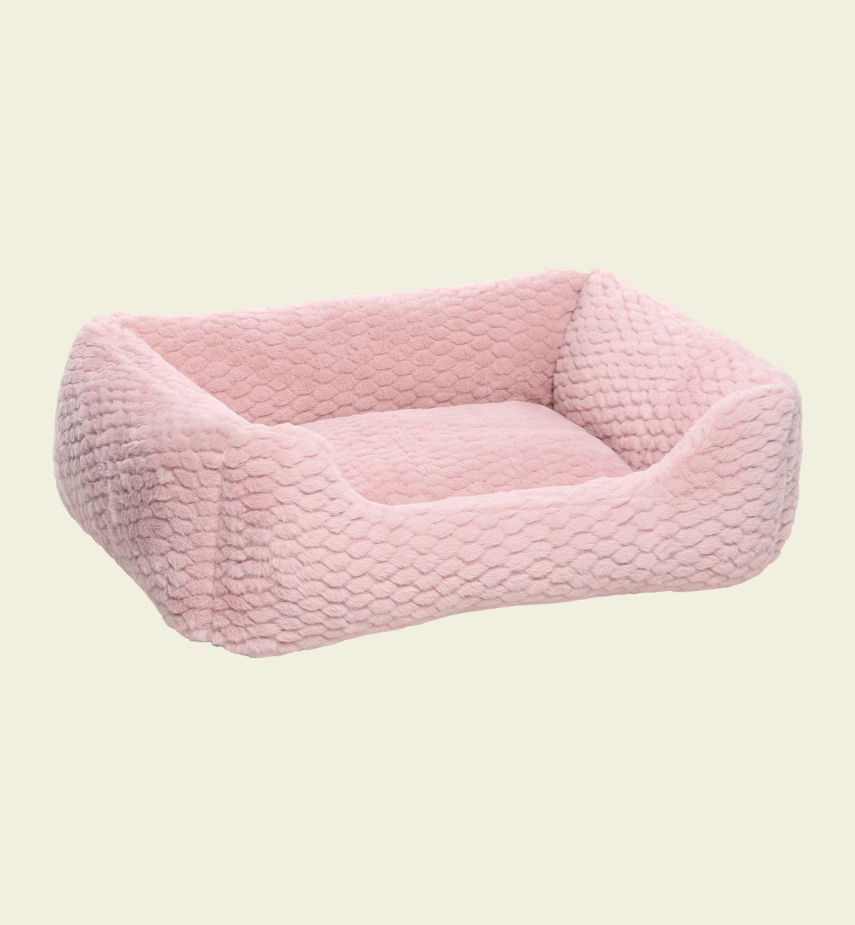 Panier pour chien et chat Animozen Naya rose en peluche douce, rectangulaire avec rebords rembourrés et fond antidérapant.