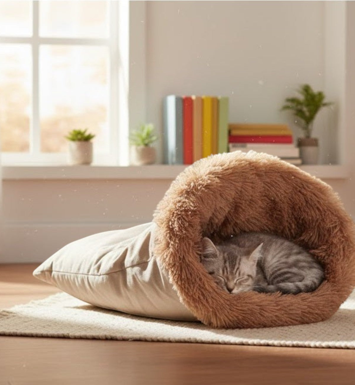 Panier couchage taupe en peluche douce pour chat Animozen, 60 cm, avec coussin amovible et cadre renforcé.