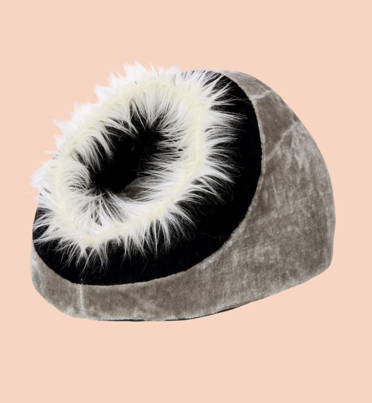 Panier grotte pour chat Animozen Pasha gris et noir en peluche douce avec coussin amovible.