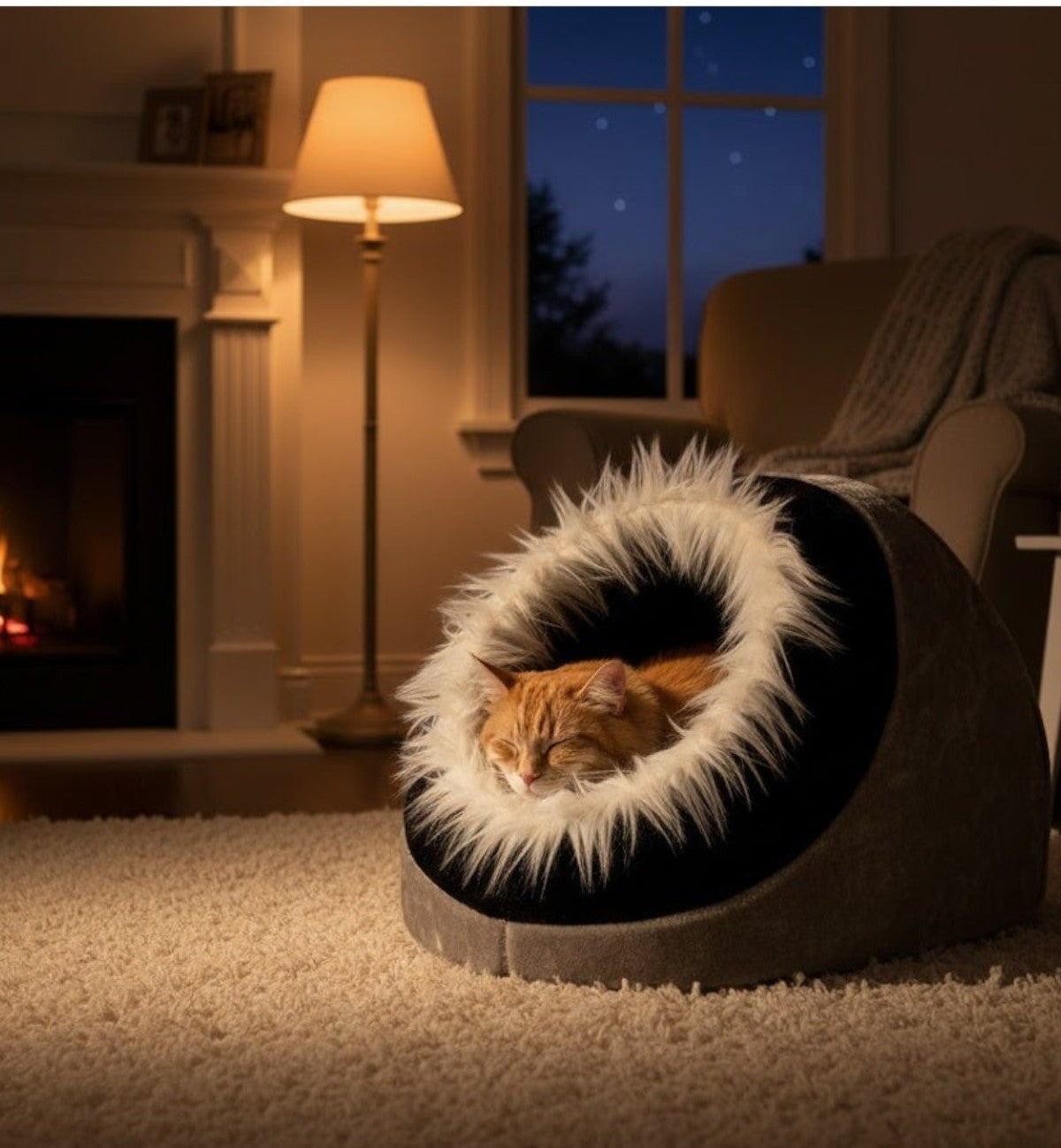 Panier grotte Animozen Pasha gris et noir en peluche douce avec coussin amovible pour chat