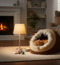 Panier grotte Animozen Pasha gris et noir en peluche douce avec coussin amovible pour chat