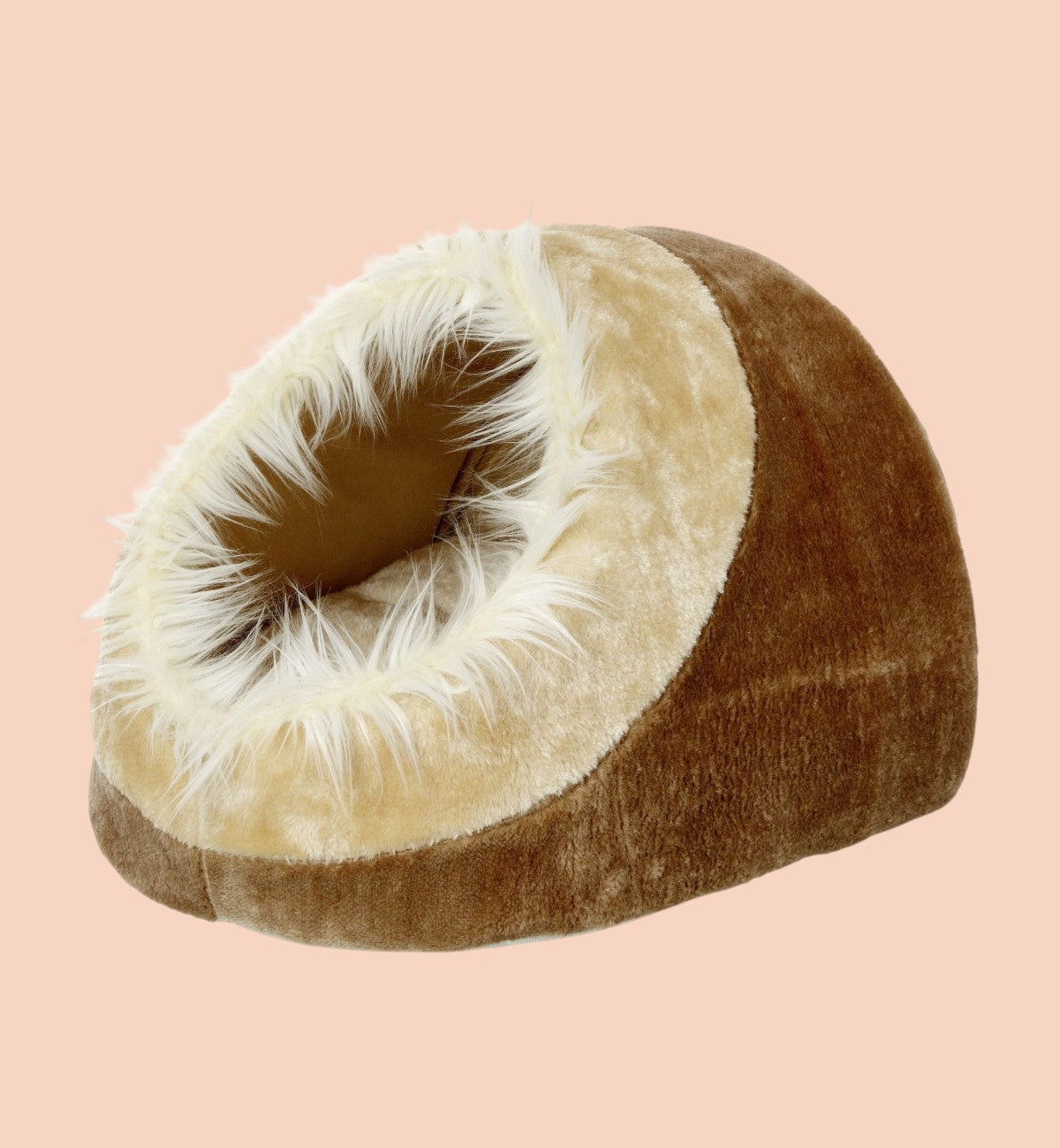 Panier grotte Animozen pour chat en peluche douce marron et beige avec bordure en fausse fourrure blanche.