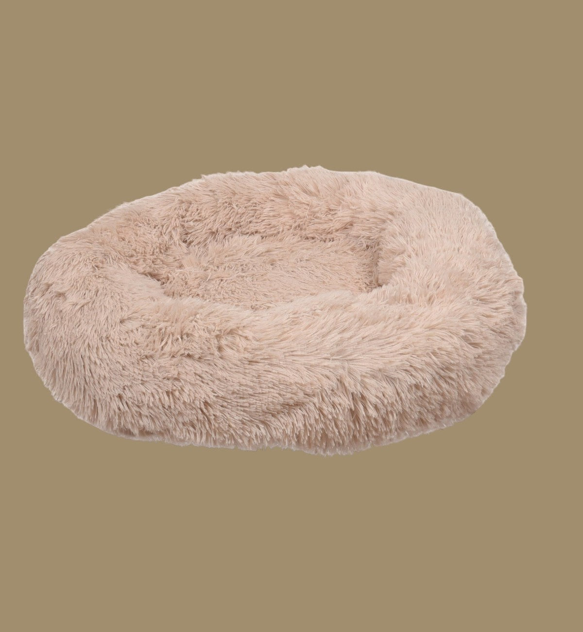 Panier rond beige en peluche douce Animozen, 70 x 18 x 53 cm, avec coutures matelassées et fond antidérapant.