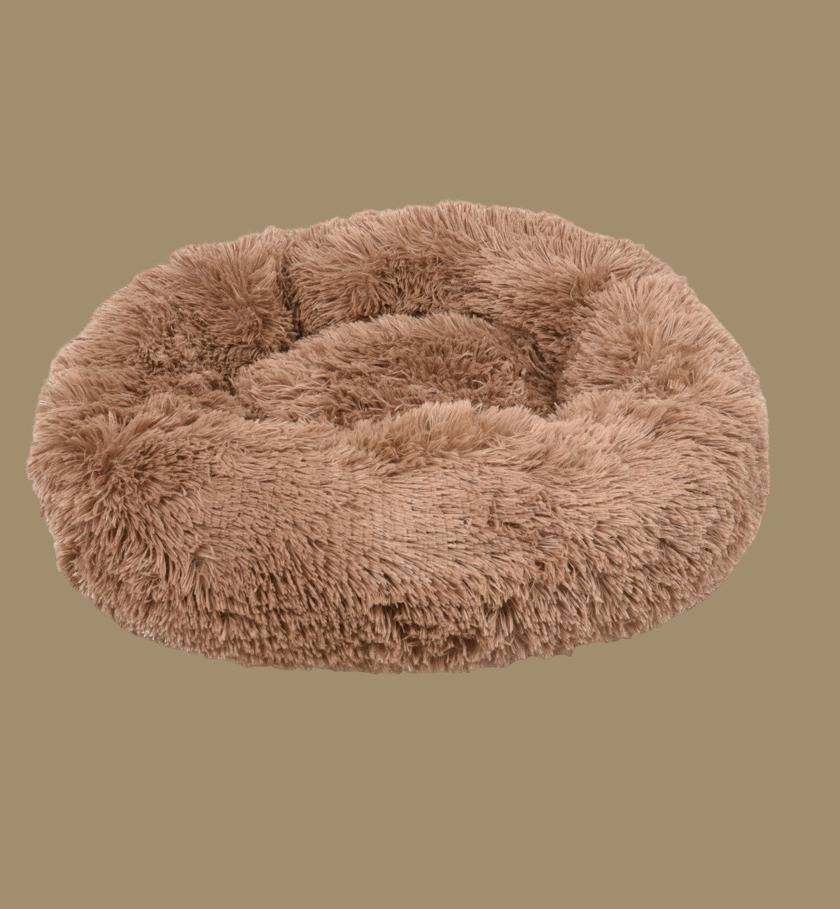 Panier rond Animozen en peluche douce marron, rembourrage polyester, fond antidérapant, lavable en machine.