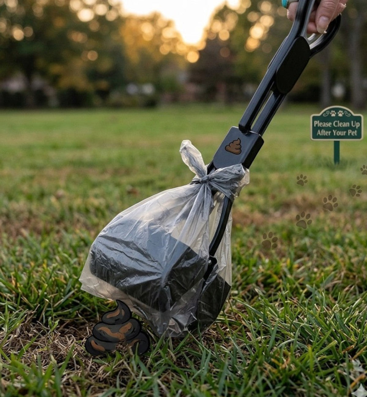Pelle à déjections pour chien Animozen en plastique noir et gris avec poignée à pression et pince, utilisation à une main.