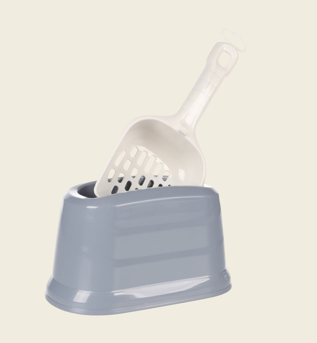 Pelle à litière grise Animozen avec support, fabriquée en plastique résistant et facile à nettoyer. Pelle amovible avec poignée ergonomique.