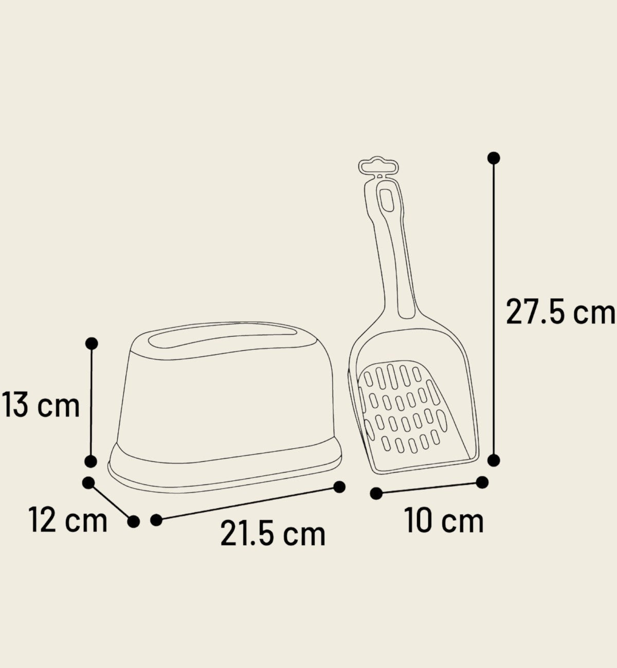 Pelle à litière grise Animozen avec support, en plastique, dimensions 21,5 x 12 x 28 cm, pour un entretien hygiénique du bac à litière.