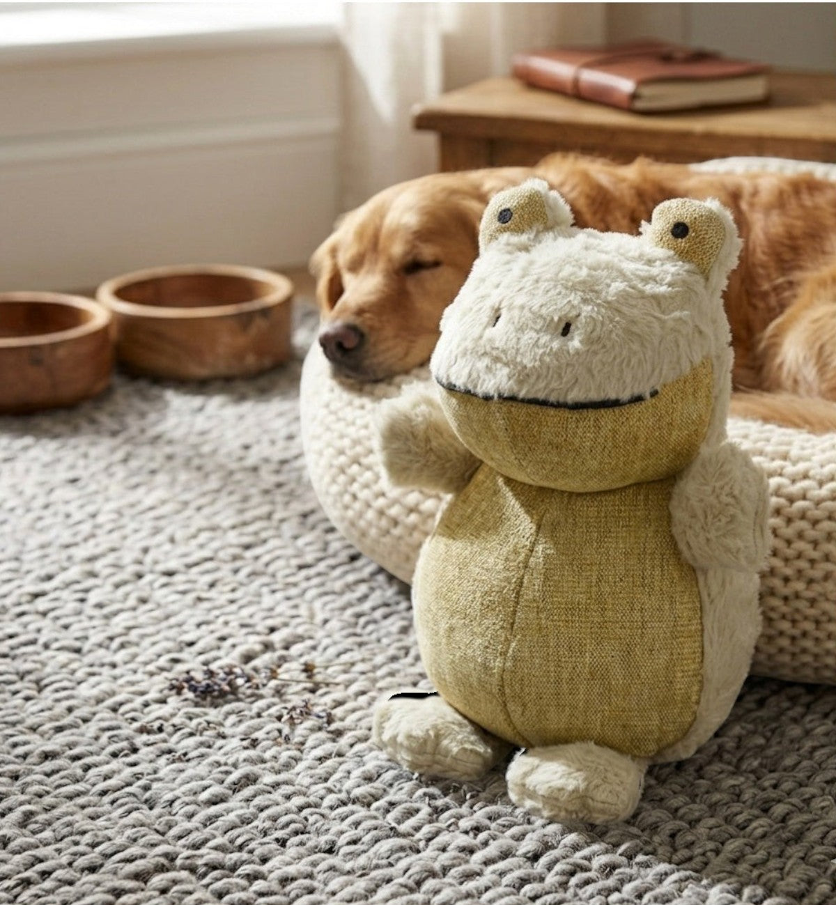 Animozen Peluche grenouille Pensa 31 cm, verte et beige, en polyester doux, avec couineur intégré pour chien.