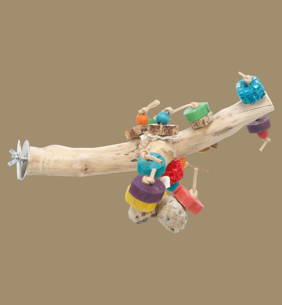 Animozen perchoir ludique en bois de caféier 30 cm avec jouets colorés pour oiseaux, fixation métallique.