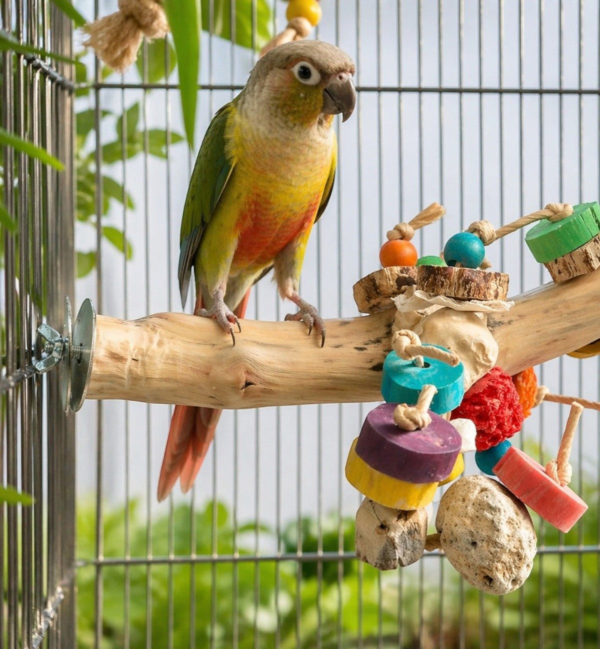 Perchoir en bois naturel Animozen avec jouets colorés pour oiseau, 30 cm
