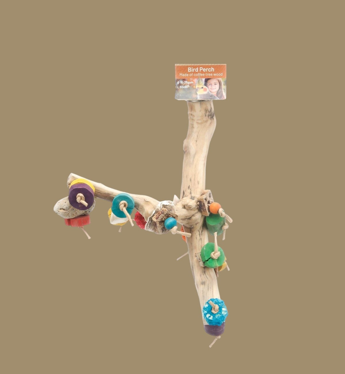 Perchoir Animozen en bois de caféier naturel avec jouets colorés, 30 cm