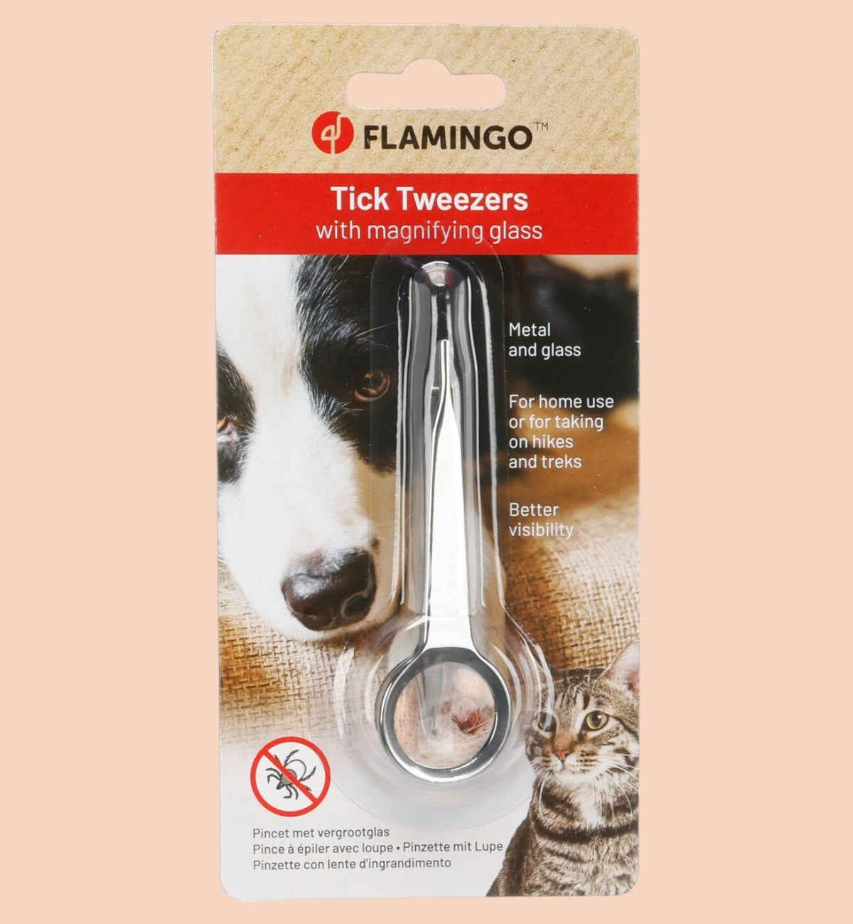 Pince à tiques Animozen en argent avec loupe intégrée pour un retrait facile et précis des tiques sur les chiens et chats.