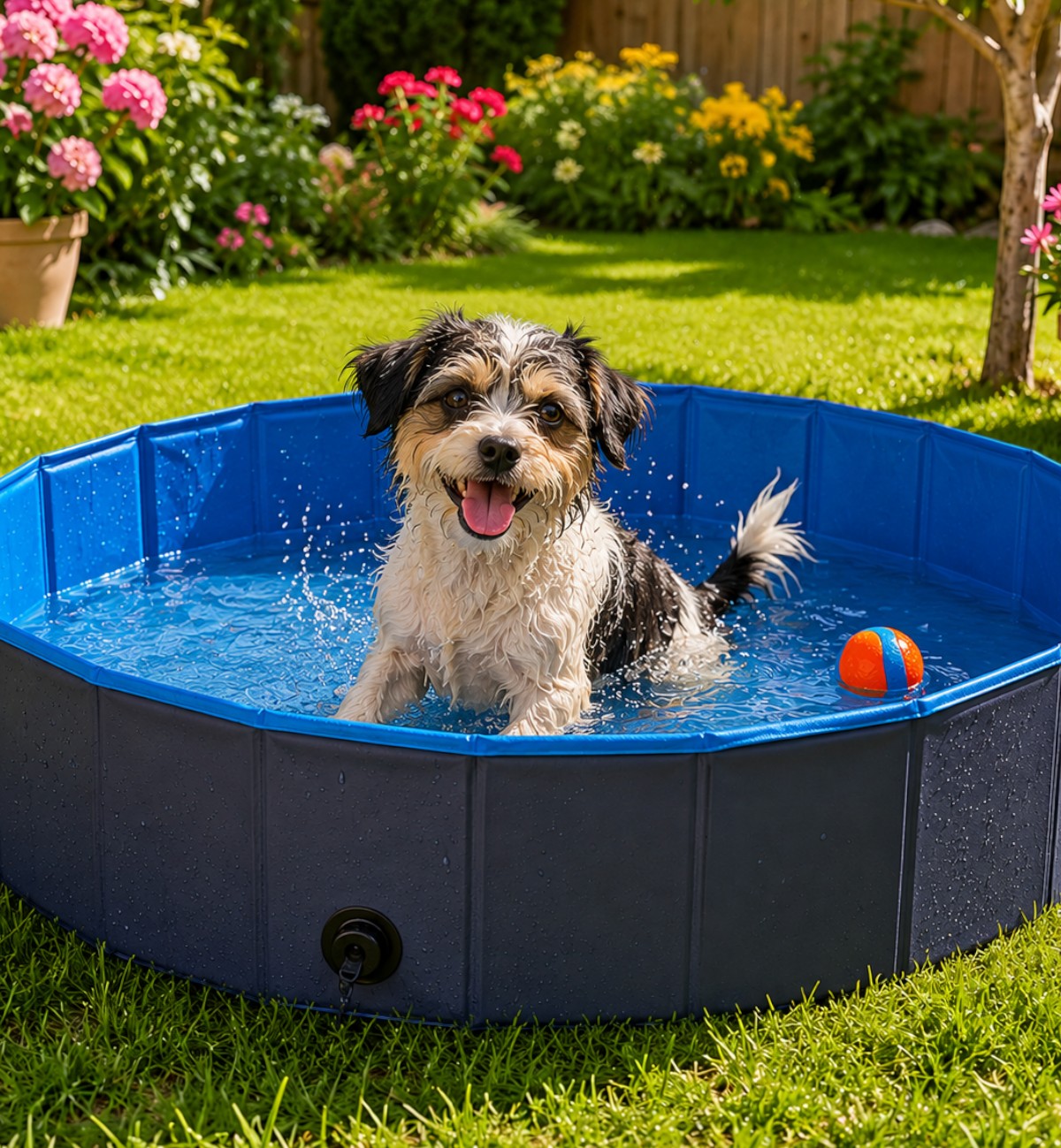 Piscine pliable Animozen Splash bleue et grise pour chien, avec un petit chien noir et blanc jouant dans l'eau.