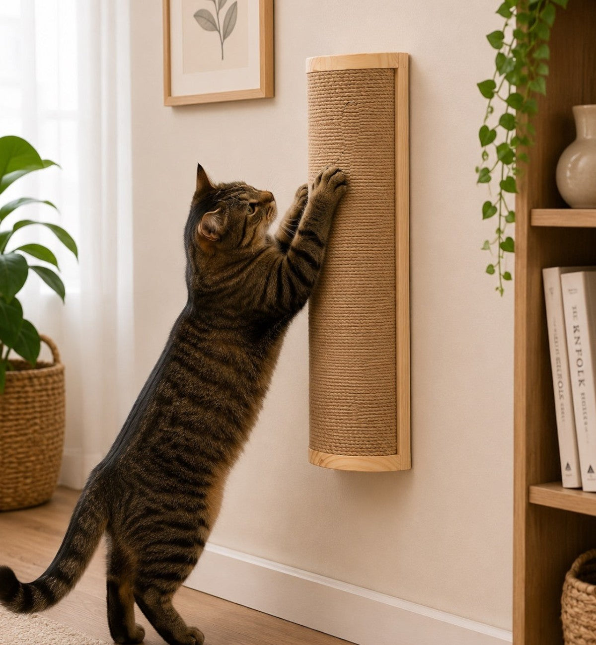 Planche à griffer murale Animozen Salem en bois naturel et corde de jute beige pour chat.