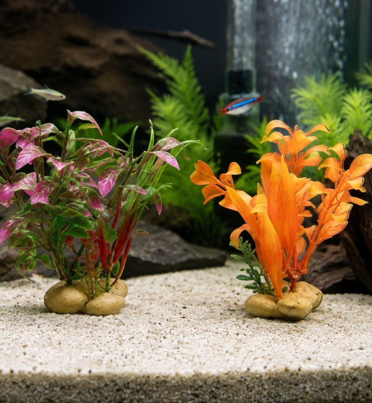 Lot de 3 plantes décoratives Animozen pour aquarium, synthétiques, couleurs vives orange, rose et verte, base lestée.