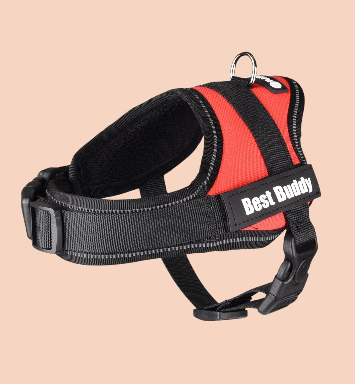 Animozen red adjustable dog harness, size S, made of nylon with soft padding and breathable mesh. Features reflective strips and a quick-release buckle.