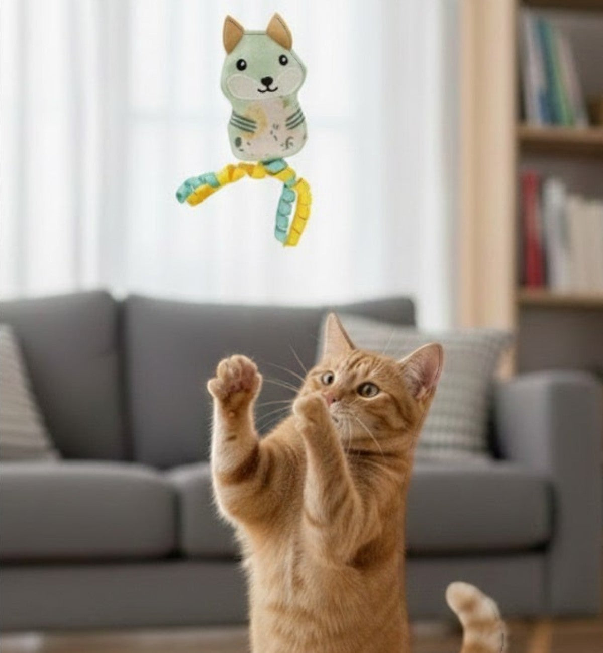 Animozen Renard en peluche vert avec rubans et cataire pour chat, jouet interactif