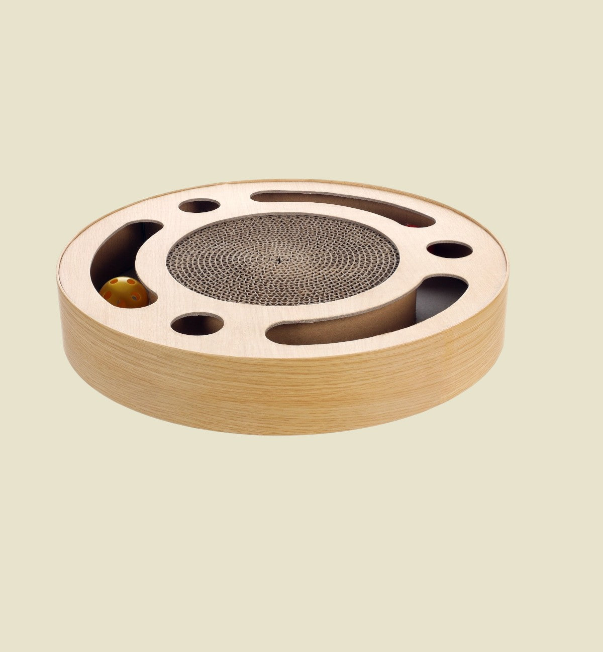 Animozen round cardboard cat scratcher with sound balls and a yellow ball inside, 33 cm