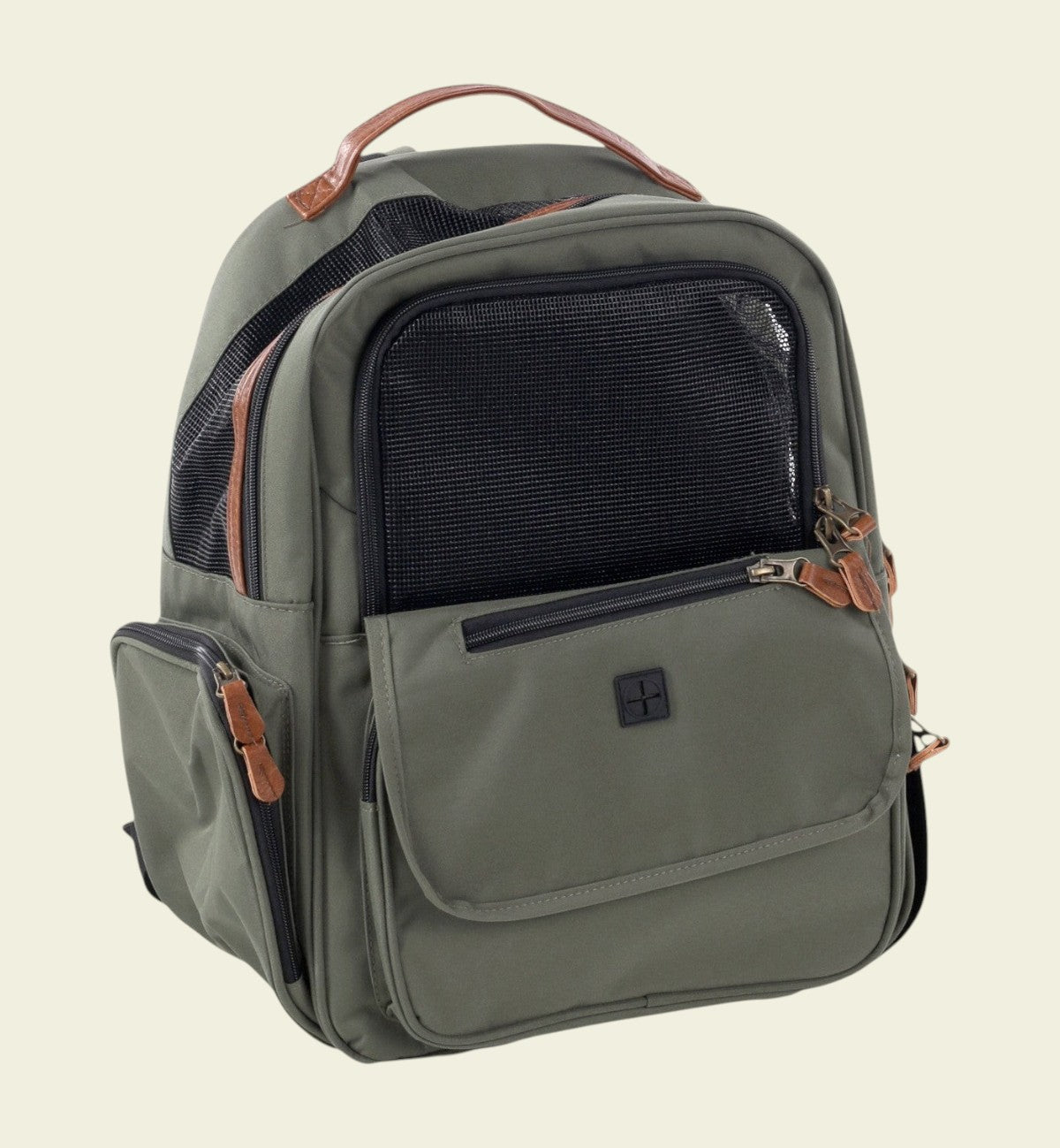 Animozen Sac à dos de transport pour chien Wiro vert en polyester avec fenêtres en maille et détails en cuir.