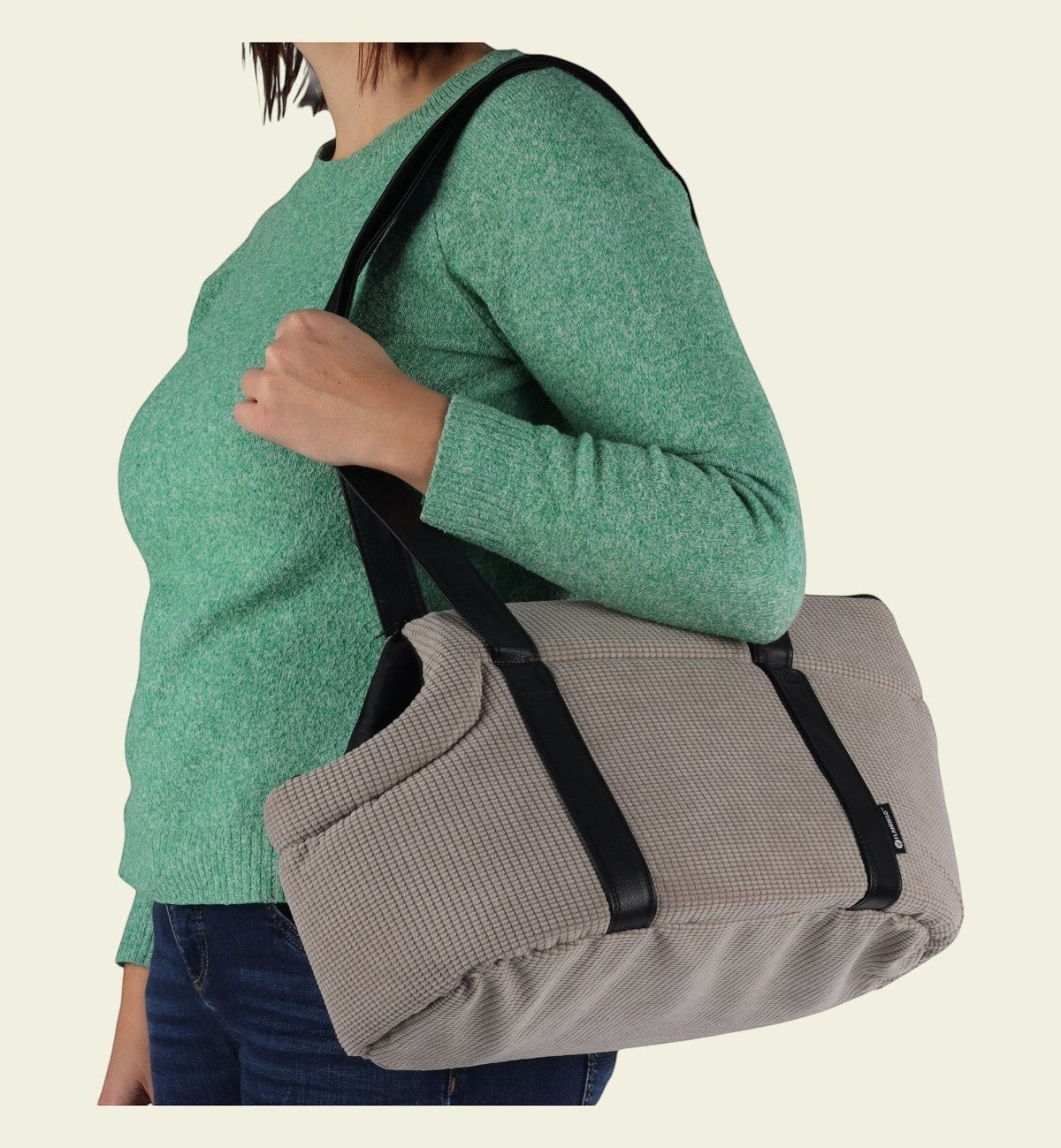 Animozen Sac de Transport pour Chien Aaliyah gris en polyester, 46x23x25 cm, avec coussin amovible et sangle de sécurité.