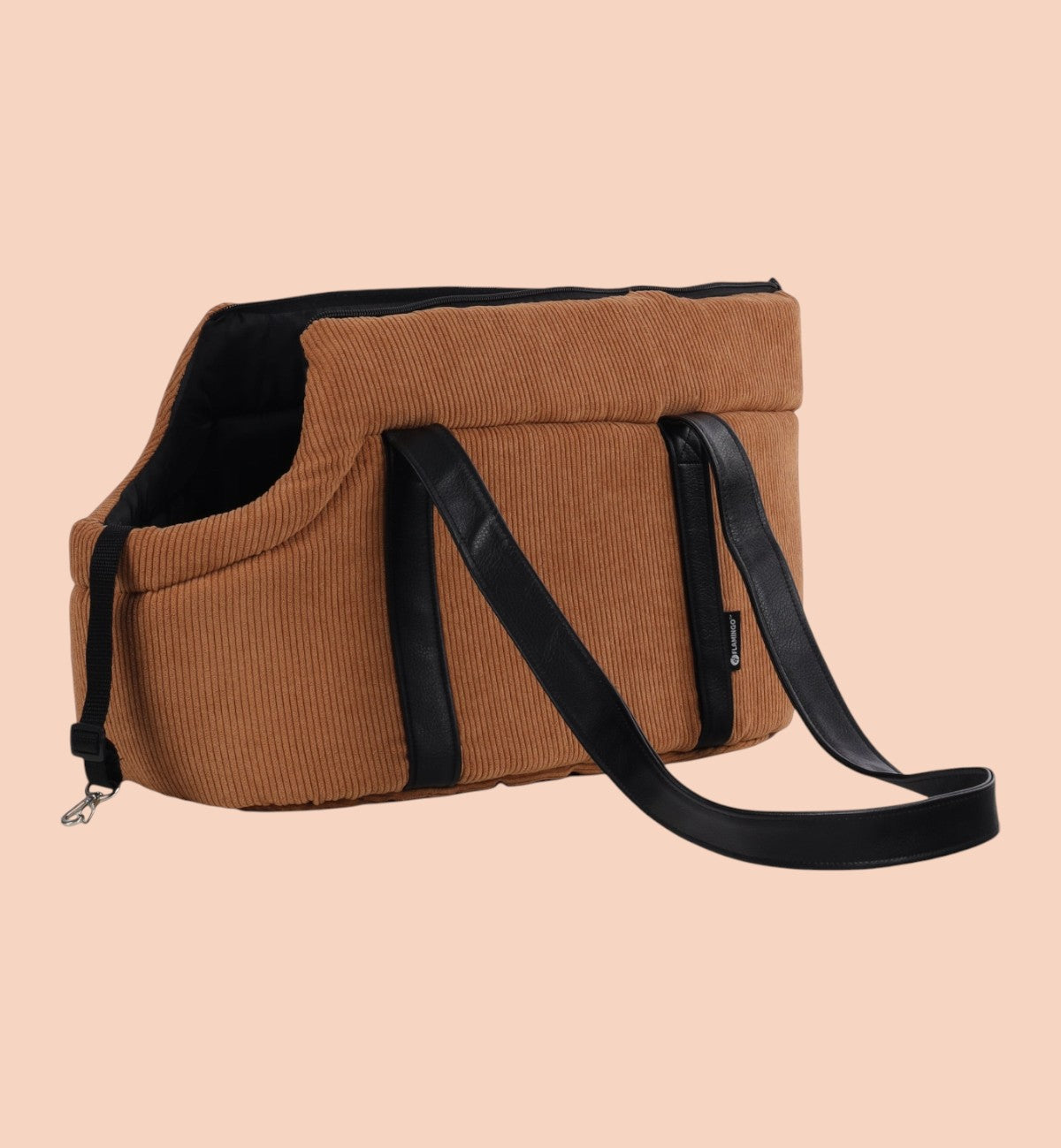 Animozen Sac de Transport pour Chien Alessia marron en velours côtelé avec anses noires et sangle réglable. 46x23x25cm.