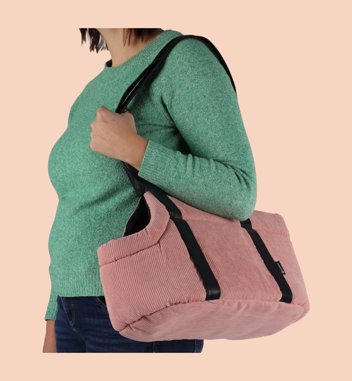 Animozen Sac de Transport pour Chien Alessia rose en velours côtelé, 46x23x25cm, idéal pour animaux jusqu'à 6kg.