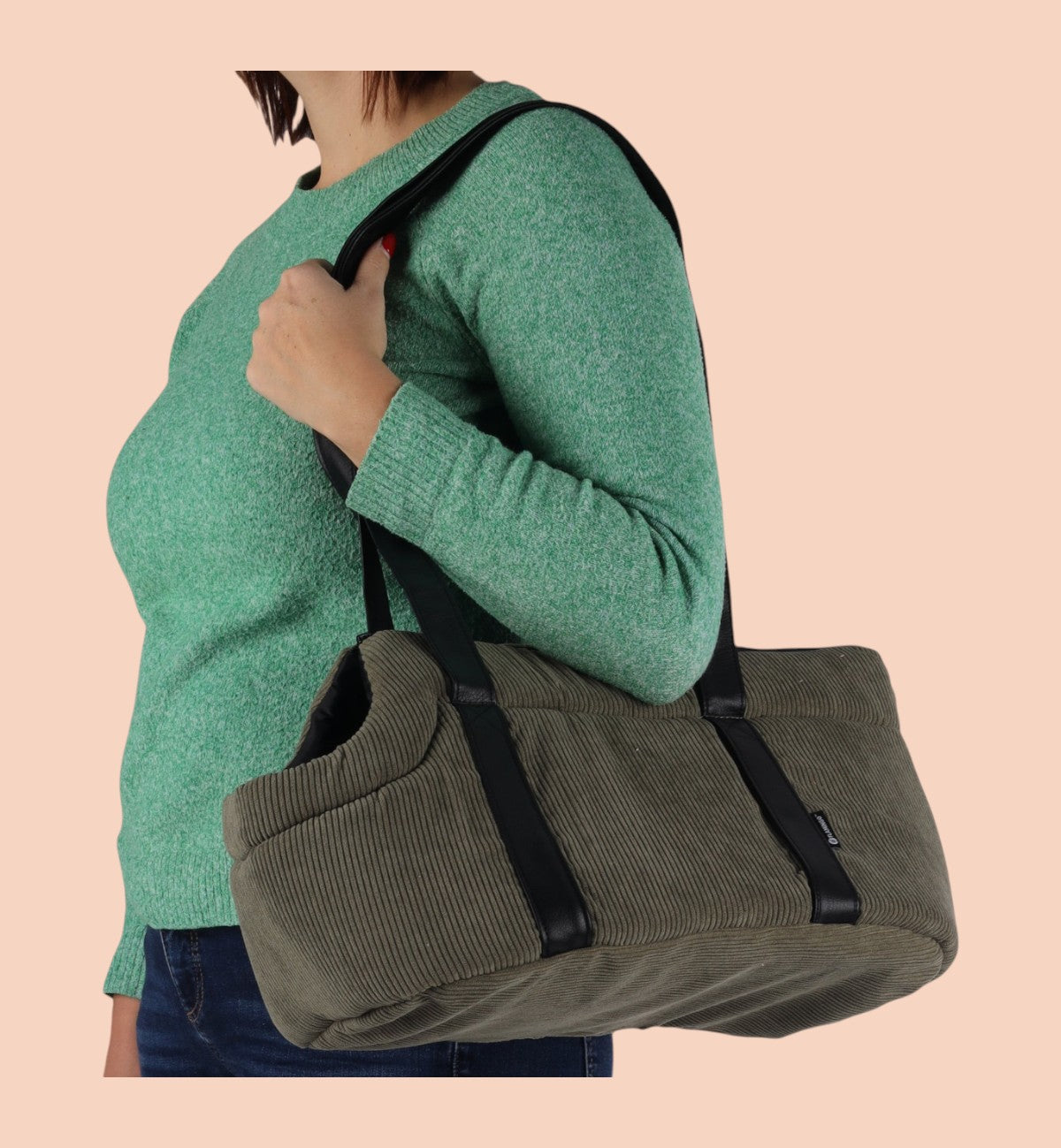 Animozen Sac de transport Alessia vert en velours côtelé, 46x23x25 cm, pour chiens jusqu'à 6kg.
