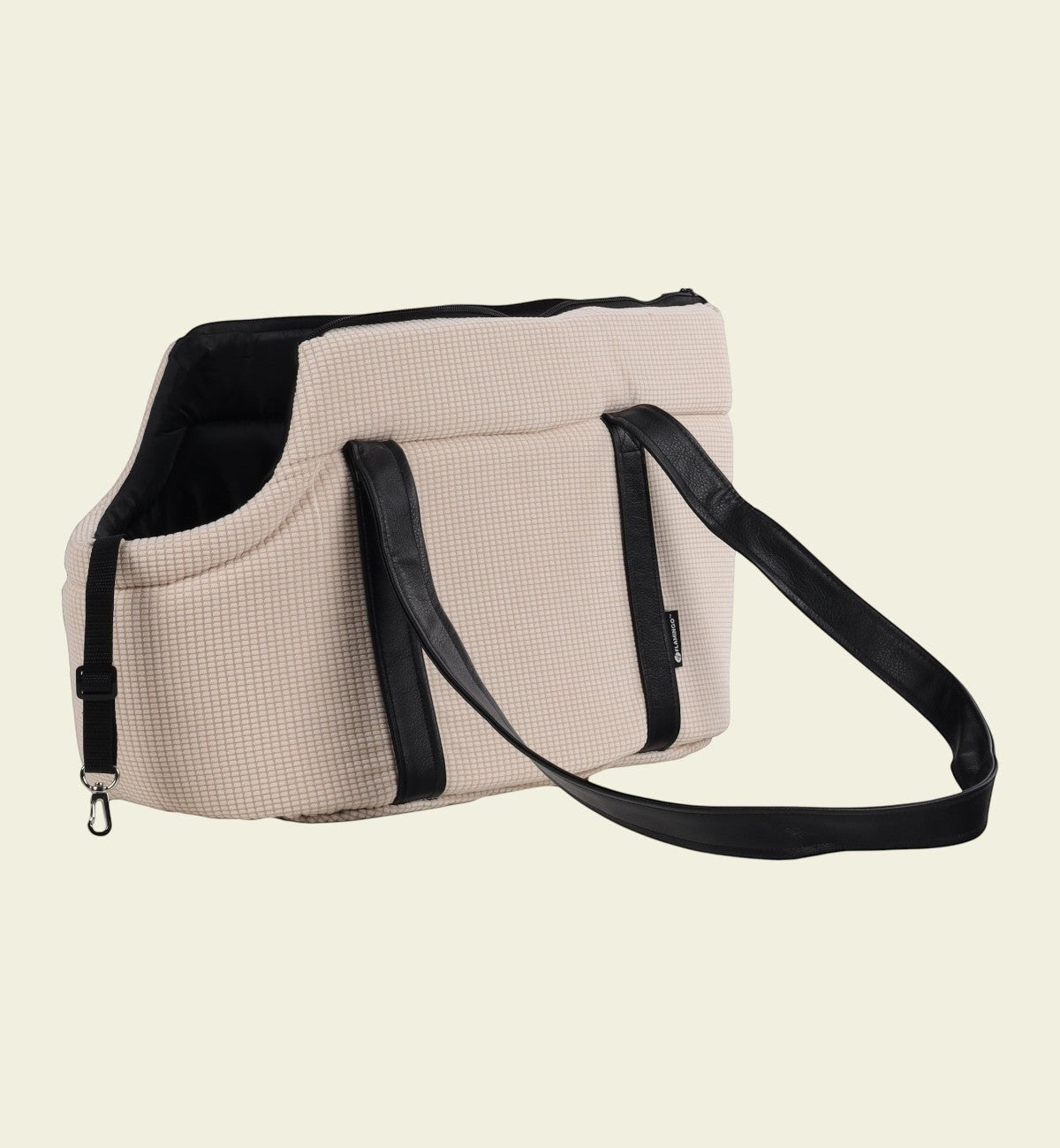 Animozen Sac de transport Aaliyah beige en polyester, 46x23x25 cm, avec poignées noires et fermeture zippée.