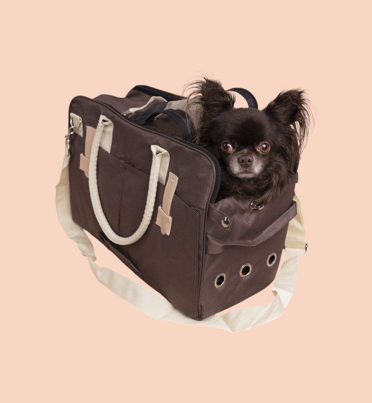 Animozen Sac de transport Boston brun foncé en polyester, 52x25x35 cm, avec un petit chien brun à l'intérieur.