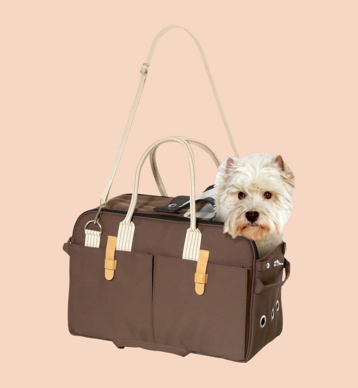 Animozen Sac de Transport pour Chien Boston brun foncé en polyester, avec un petit chien blanc à l'intérieur. Dimensions 52x25x35cm.