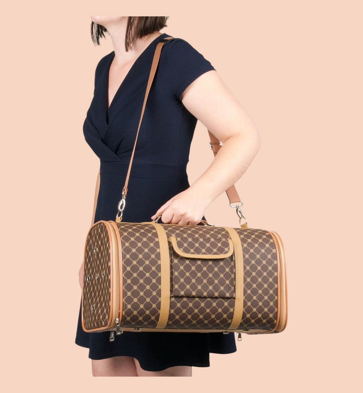 Animozen Sac de Transport pour Chien Chloe 2 brun en similicuir avec motif carreaux, 45x26x26 cm