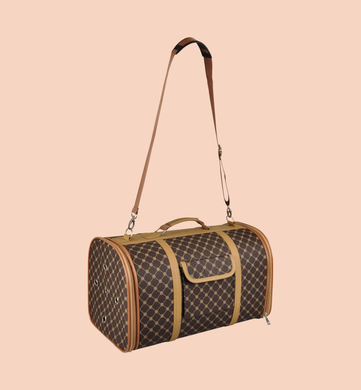 Sac de transport pour chien Animozen Chloe 2 en similicuir marron à motif losanges, avec poignée et bandoulière